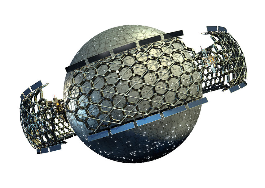 3D Illustration of spaceship with a honeycomb geodesic structure surrounding a central metallic sphere, for science fiction artwork or video game backgrounds. Clipping path included in the file.